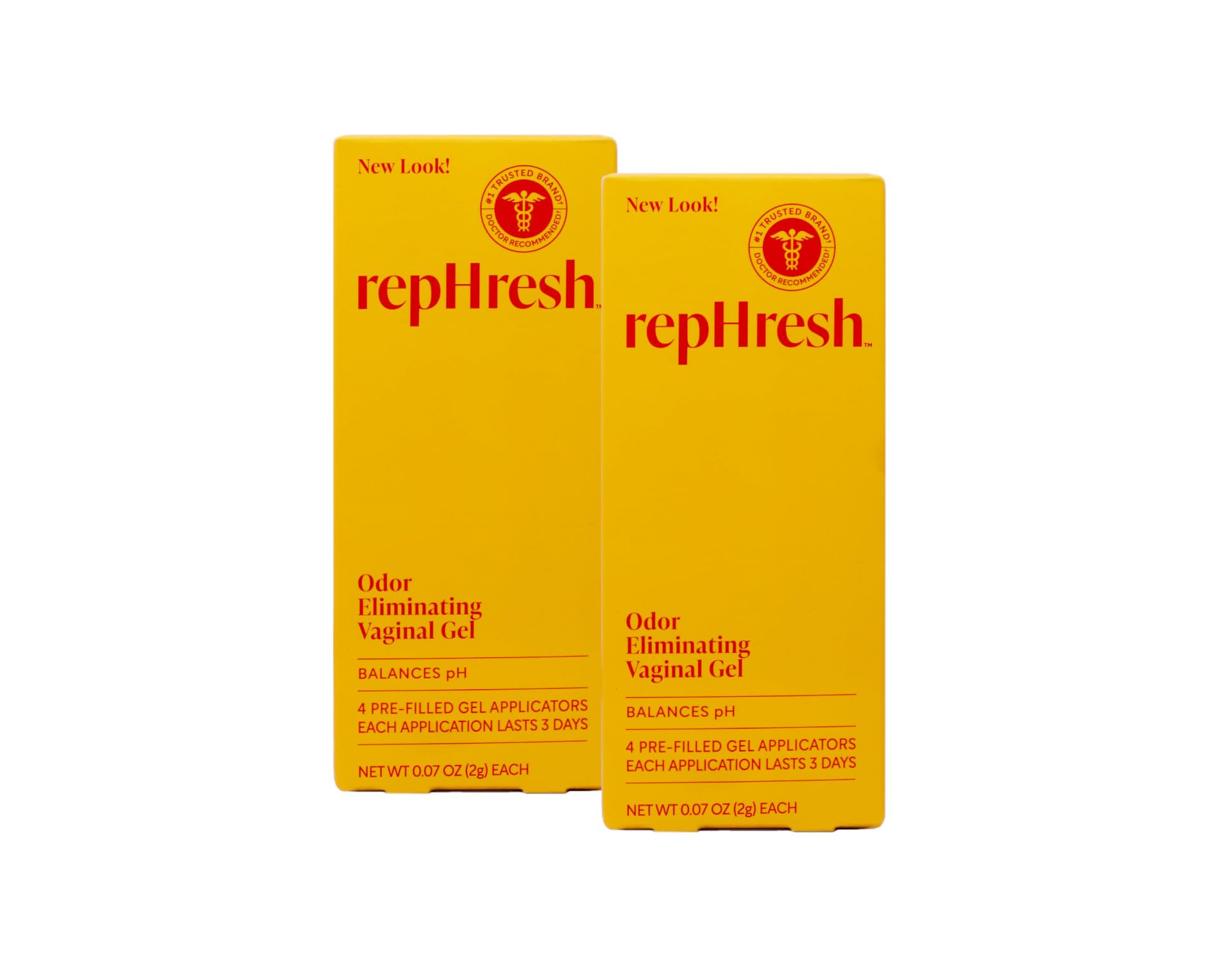 Rephresh Vaginal Gel pack of 2 boxes with four applicators for odor elimination.