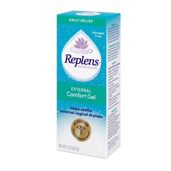 Replens external comfort gel closeup label conveys estrogen-free, gentle care.