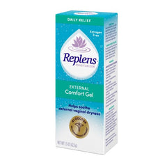 Replens external comfort gel closeup label conveys estrogen-free, gentle care.