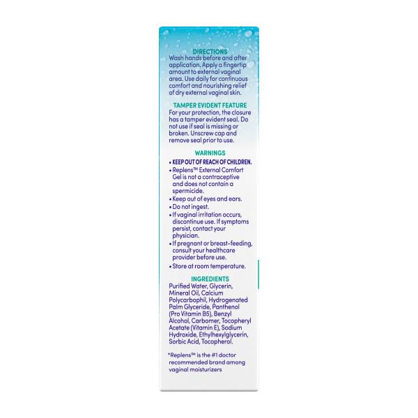 Replens external comfort gel fragrance-free label signals sensitive-skin friendly formula.