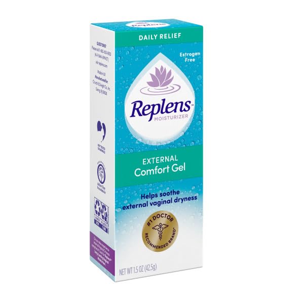 Replens external comfort gel packaging highlights fragrance-free, hormone-free formula for sensitive skin.