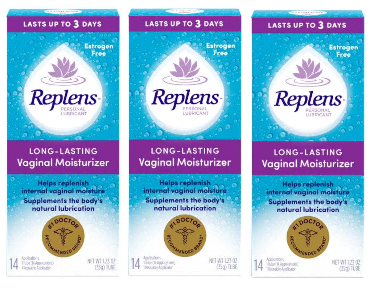 Replens three-pack bottles show long-lasting moisture and convenience.
