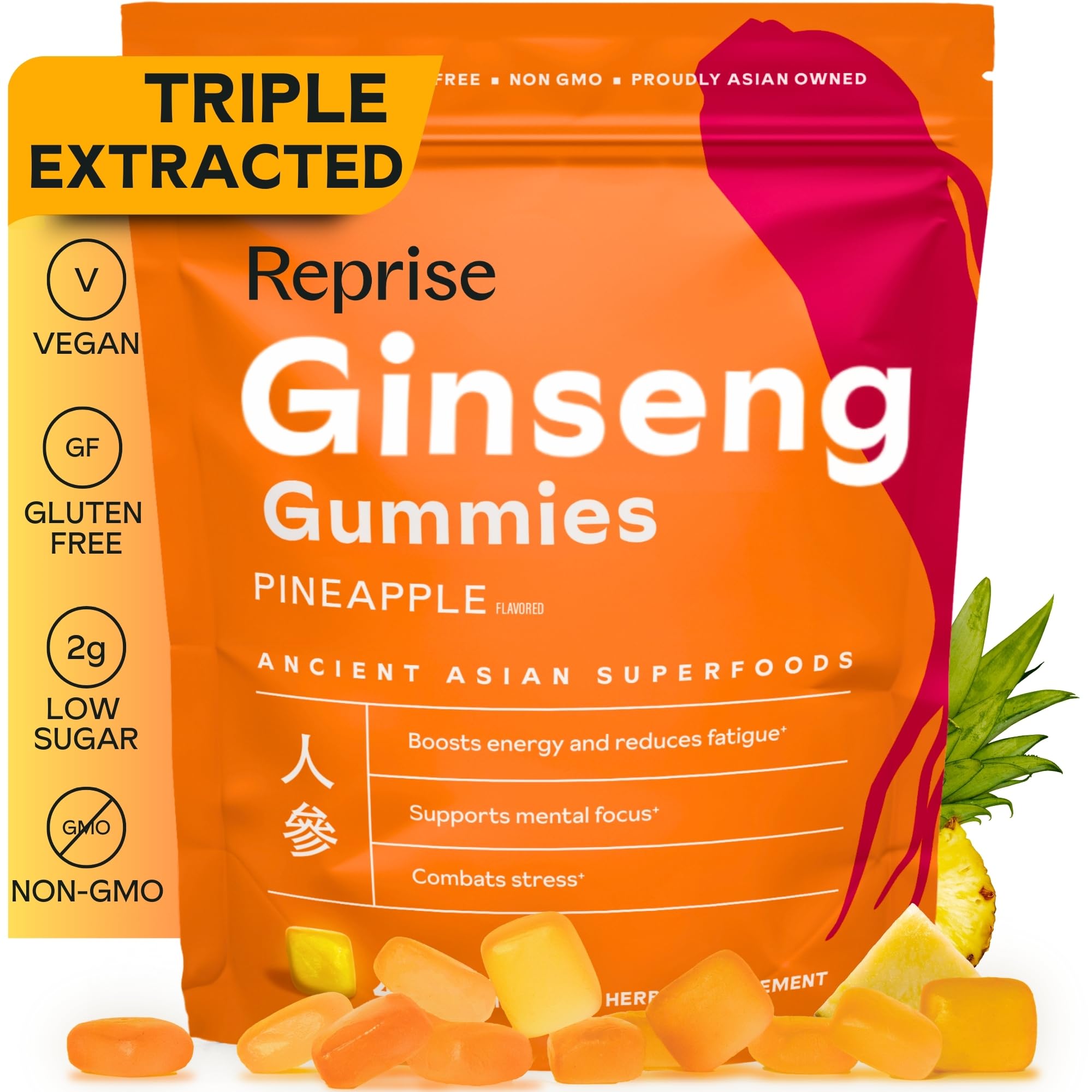 Reprise Ginseng Gummies bottle with pineapple flavor, promoting natural energy support