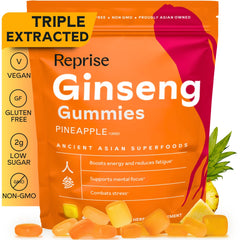 Reprise Ginseng Gummies bottle with pineapple flavor, promoting natural energy support
