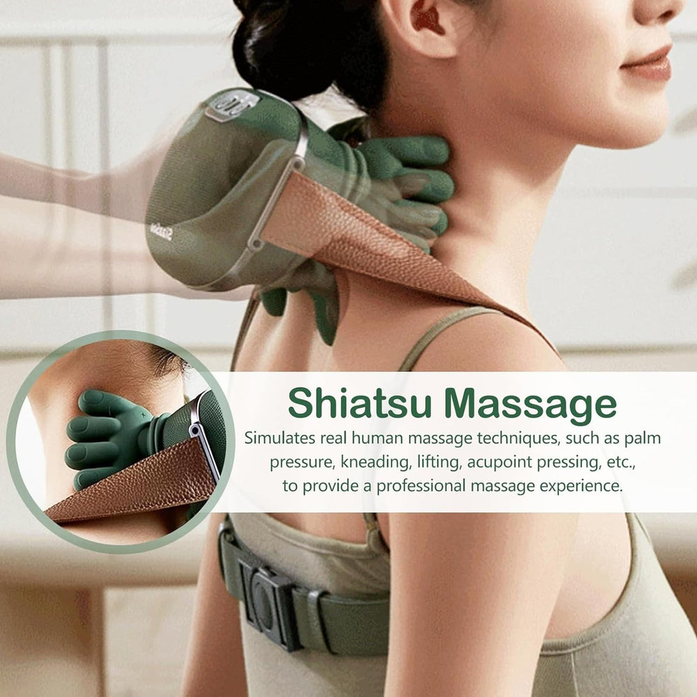 Rercarre neck massager in place shows soothing warmth easing neck tension