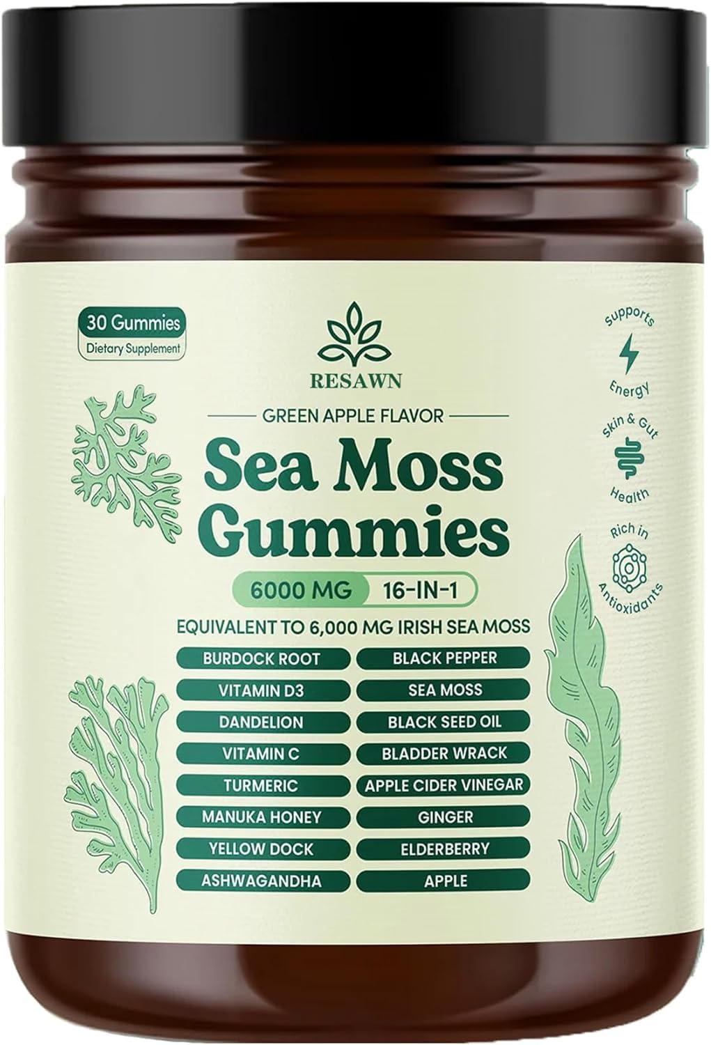 RESAWN Sea Moss Gummies bottle on shelf shows convenient immune support in a tasty format