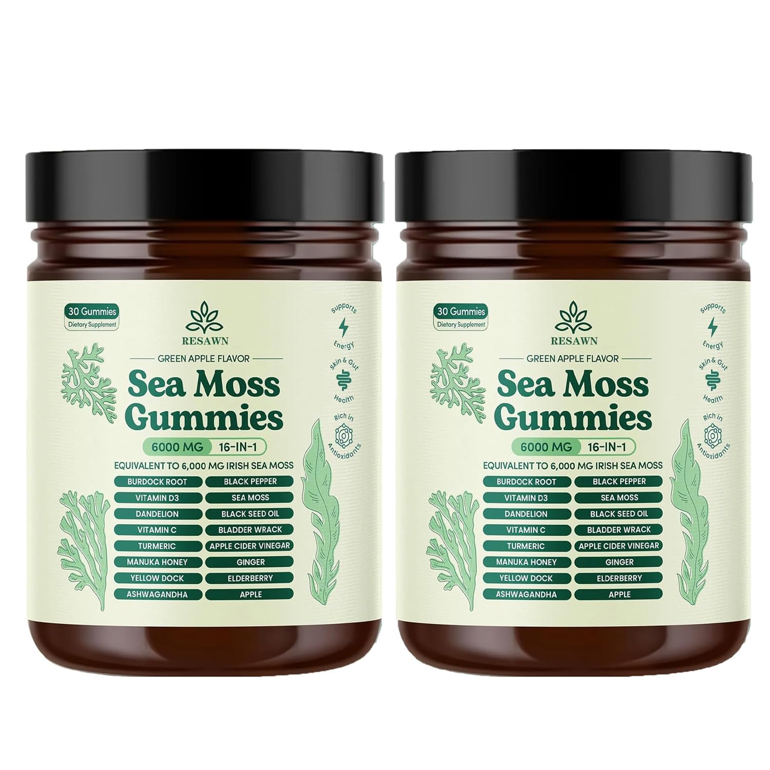 RESAWN Sea Moss Gummies bottle shows glossy chews for convenient daily immune and energy support.