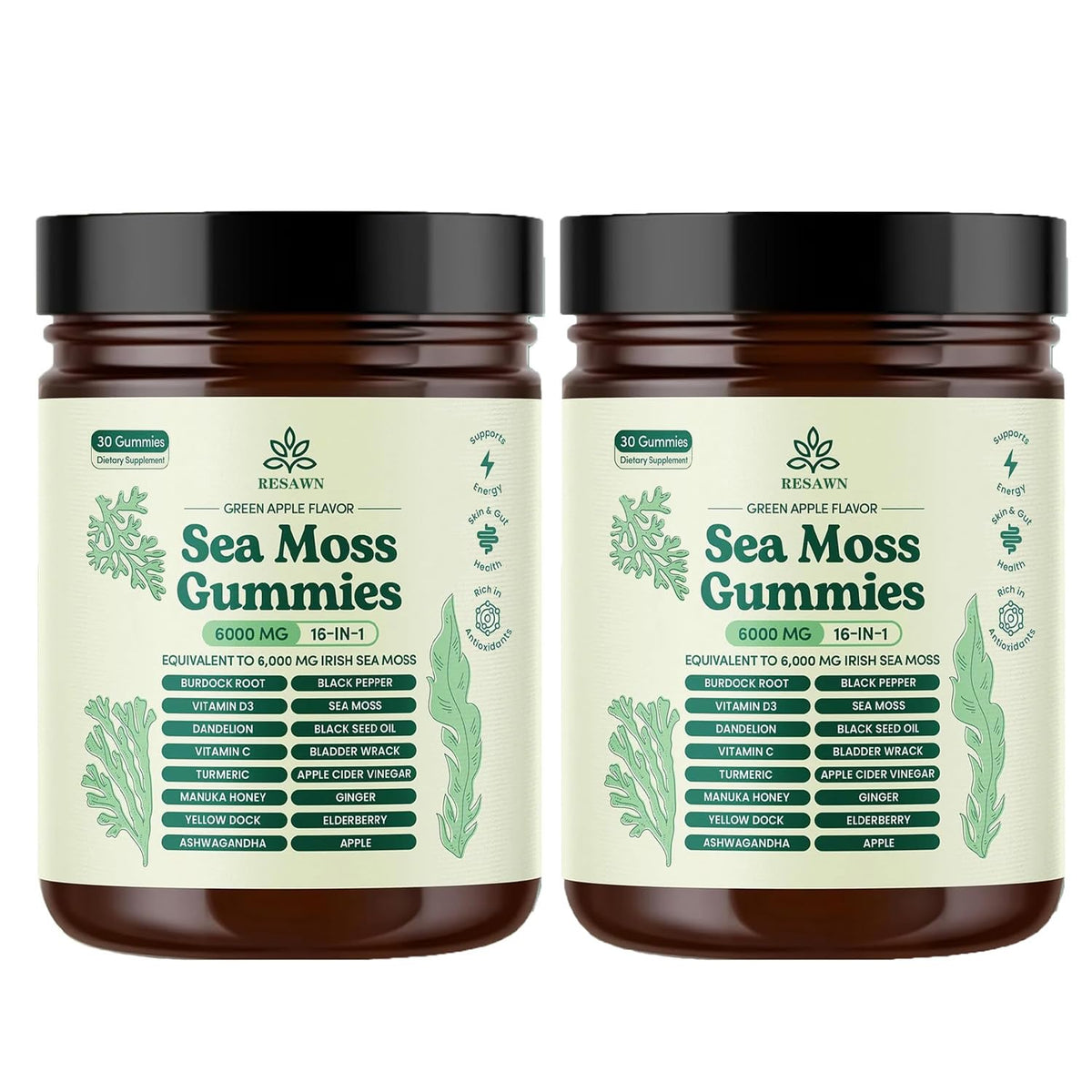RESAWN Sea Moss Gummies bottle shows glossy chews for convenient daily immune and energy support.