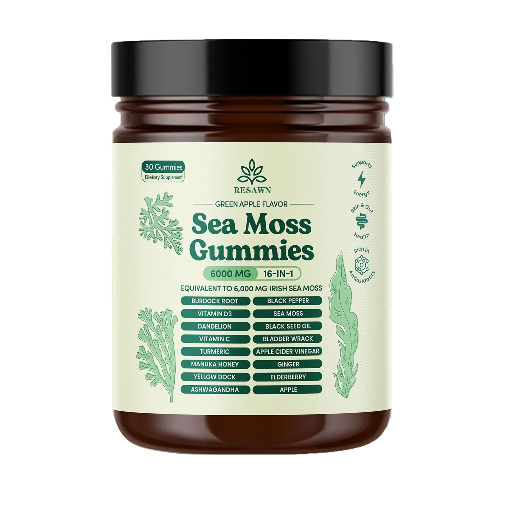 RESAWN Sea Moss Gummies bottle on counter shown for convenient daily immune support.