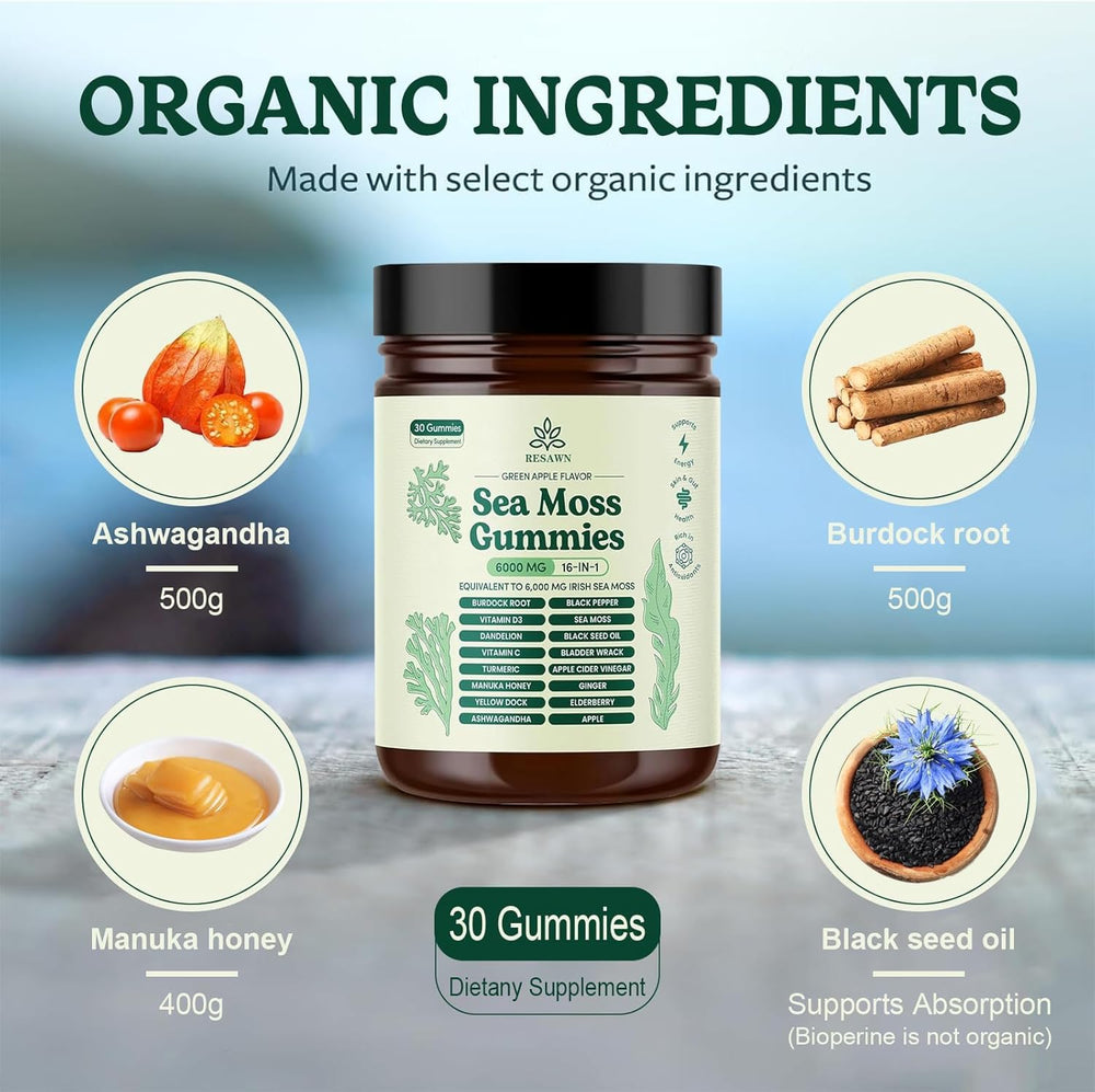 RESAWN Sea Moss Gummies packaging showcases 16-in-1 formula with diverse superfoods for daily vitality.