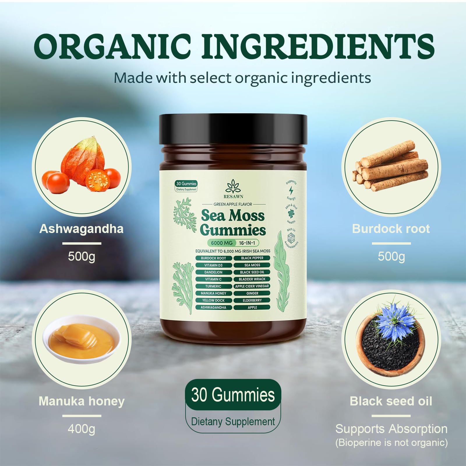 RESAWN Sea Moss Gummies ingredients panel shows natural botanicals and vitamins for balanced wellness.