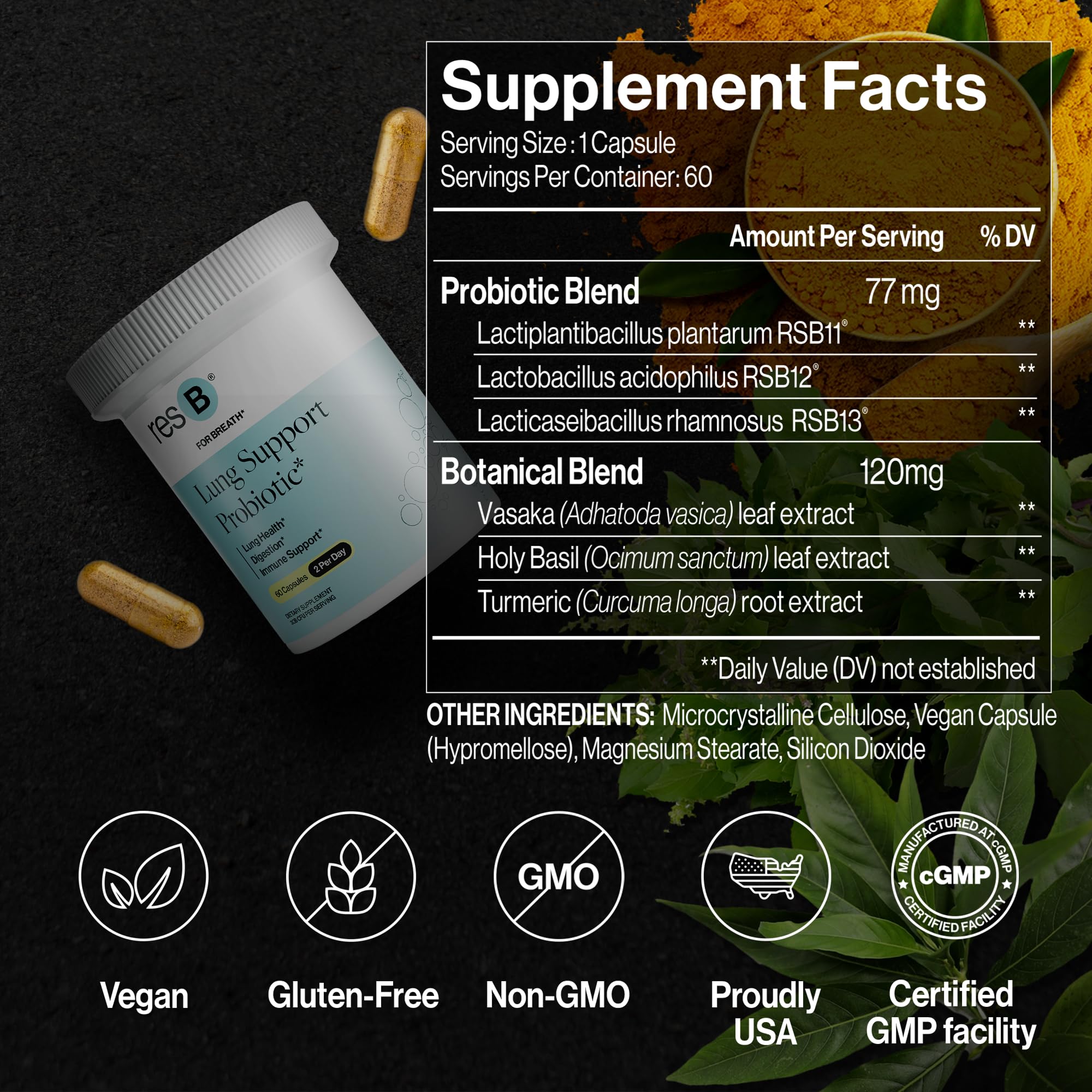 ResBiotic resB label detail highlights herbal blend for immune and digestive wellness