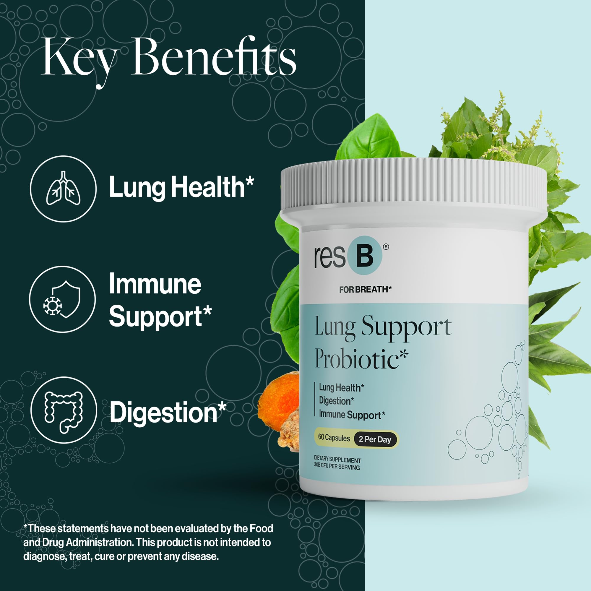 ResBiotic resB turmeric holy basil botanicals emphasize natural botanicals for respiratory comfort