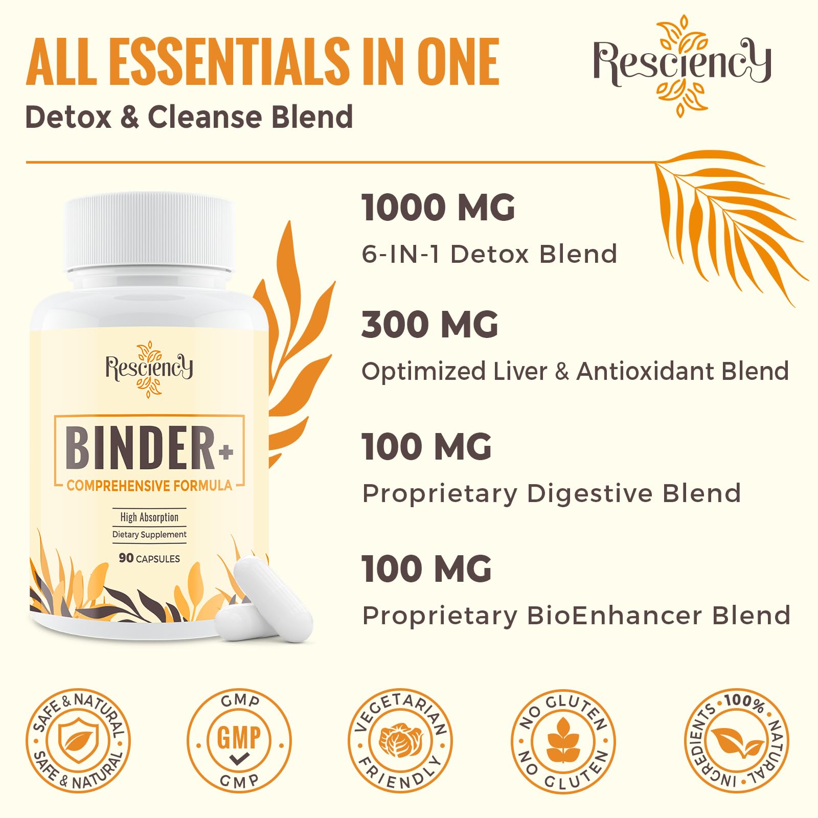Resciency Detox Binder bottle on kitchen counter for daily regimen.