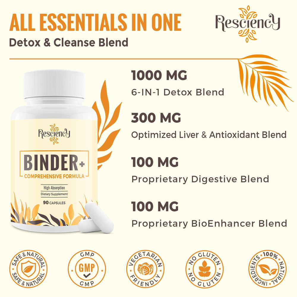 Resciency Detox Binder bottle on kitchen counter for daily regimen.