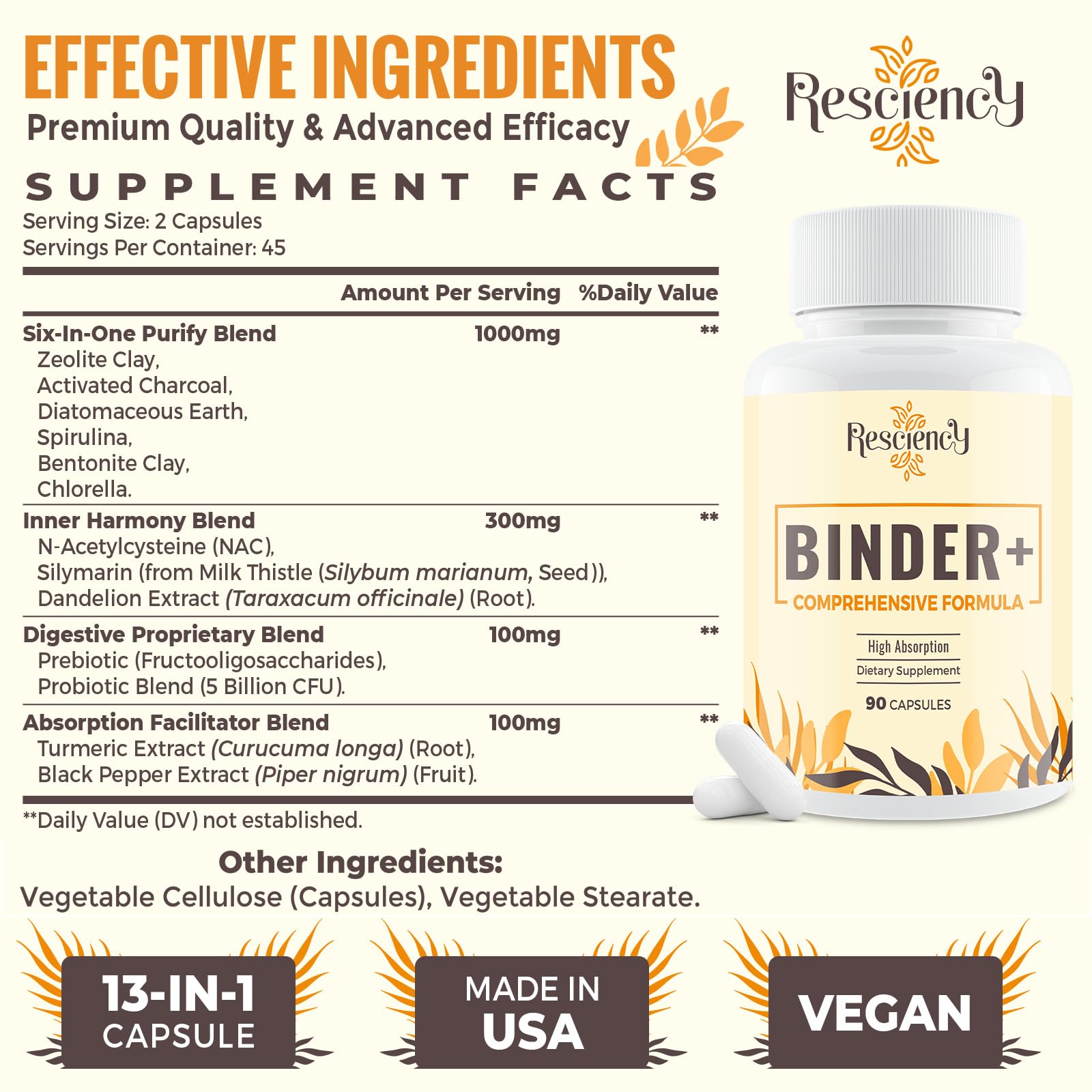 Resciency Detox Binder capsules close-up, showcasing vegan formula.