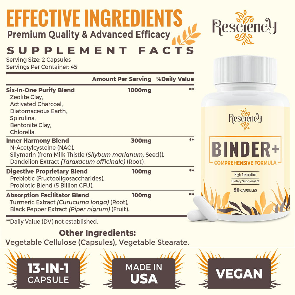 Resciency Detox Binder capsules close-up, showcasing vegan formula.