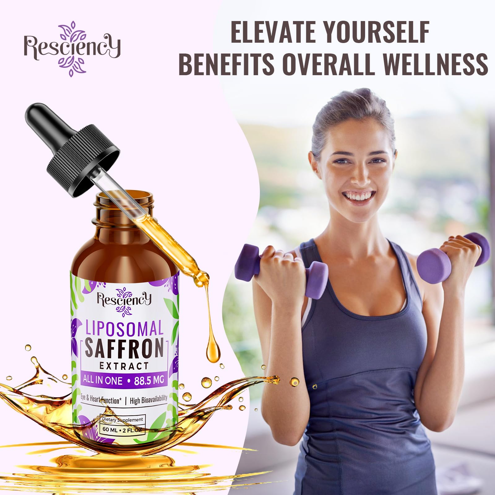 Resciency saffron liposomal drops in ambient shot for everyday use.