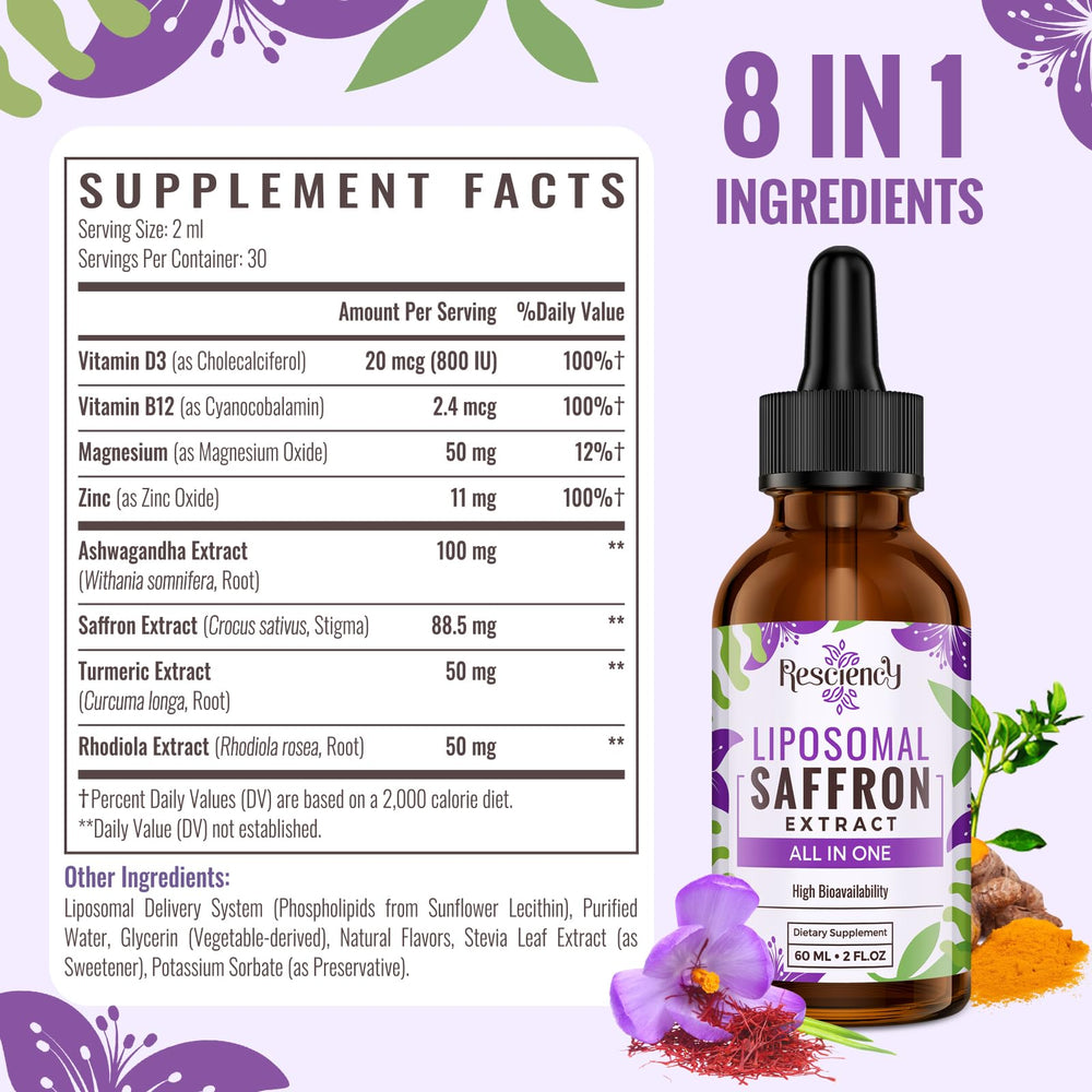 Close-up of Resciency saffron liposomal drops bottle ready for daily mood support.