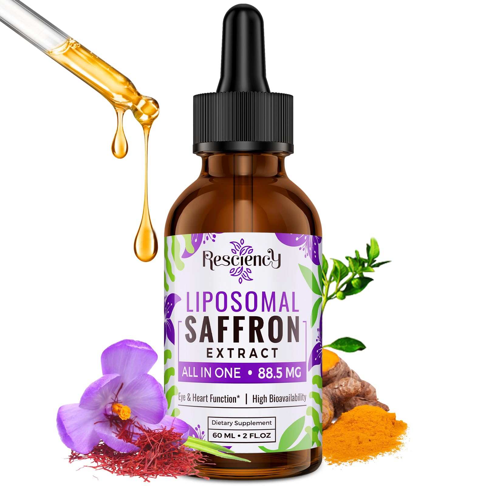 Resciency saffron liposomal drops bottle being poured for daily mood support.