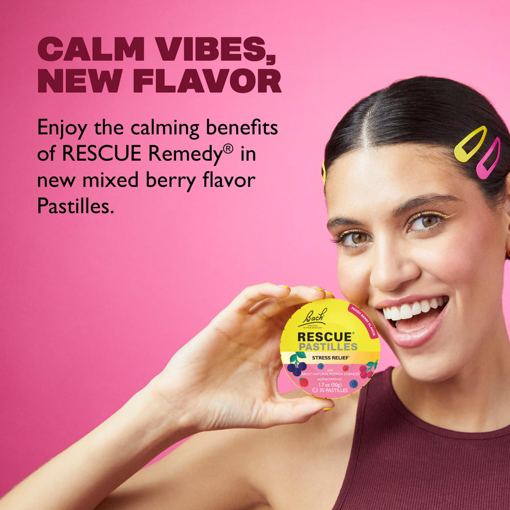 RESCUE Bach PASTILLES ingredients label highlights plant-based actives