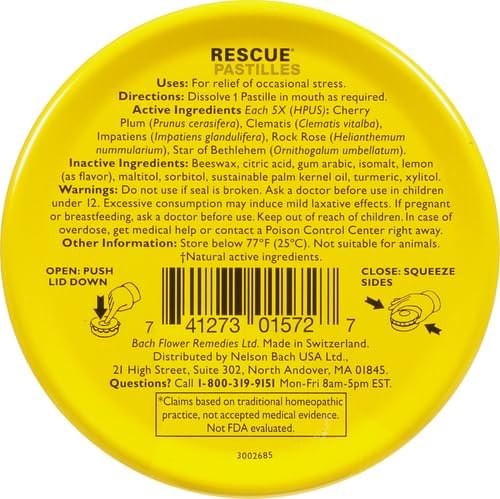 RESCUE Bach Pastilles Lemon Pack Close-up with ingredients: highlights gluten-free and sugar-free.