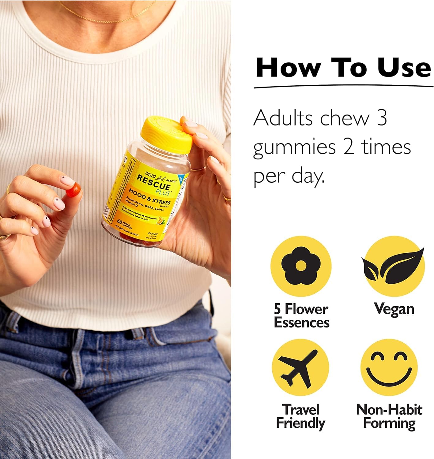 RESCUE Bach Plus Mood Gummies ingredients panel showing saffron and GABA.