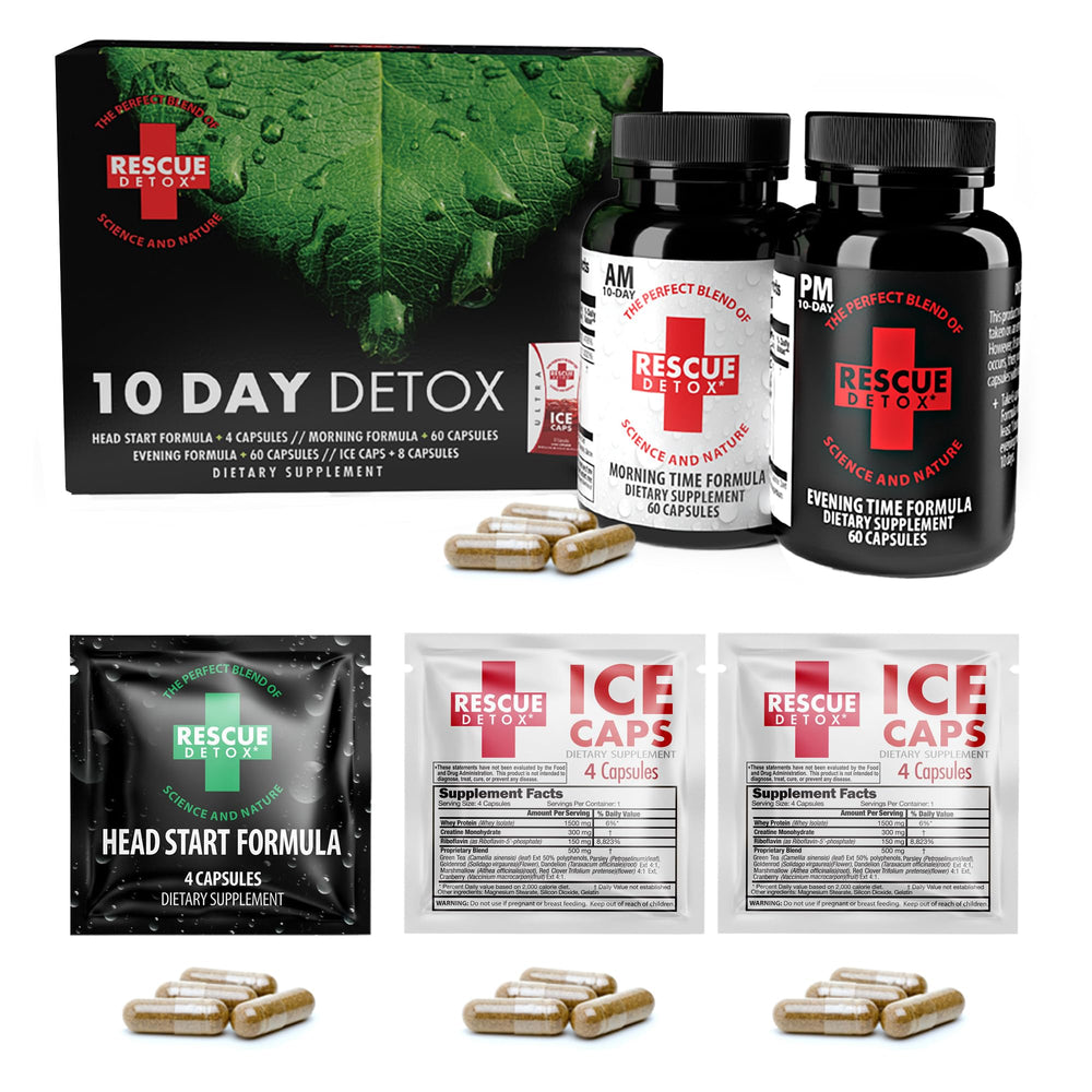 Rescue Detox 10 Day Kit bottle prominently displayed for a natural cleanse routine