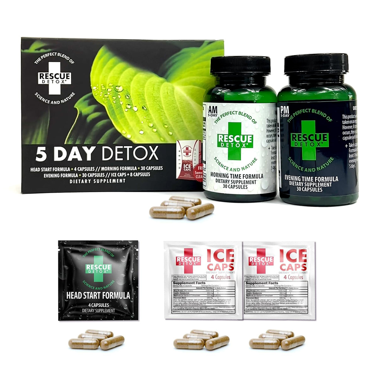 Rescue Detox 5 Day Kit packaging with branding and clear guidance for a full-body cleanse