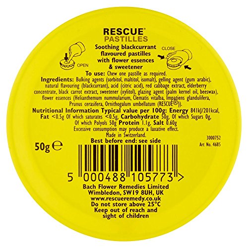 RESCUE Pastilles black currant lozenges on dark background highlighting flavor.