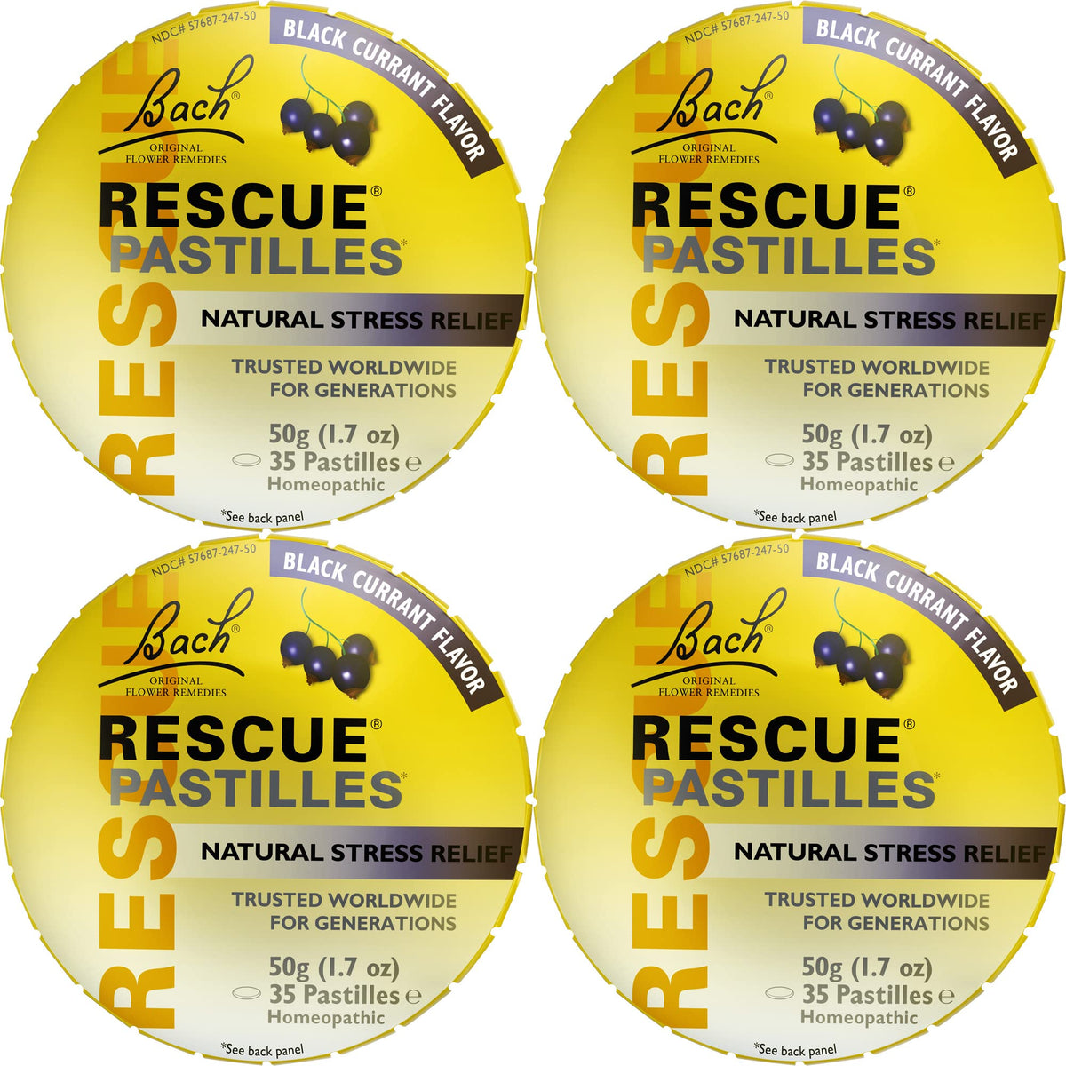 RESCUE Pastilles in black currant flavor for quick on-the-go stress relief.