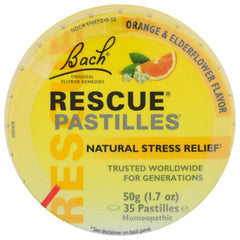 RESCUE pastilles orange elderflower tin for convenient on-the-go stress relief.
