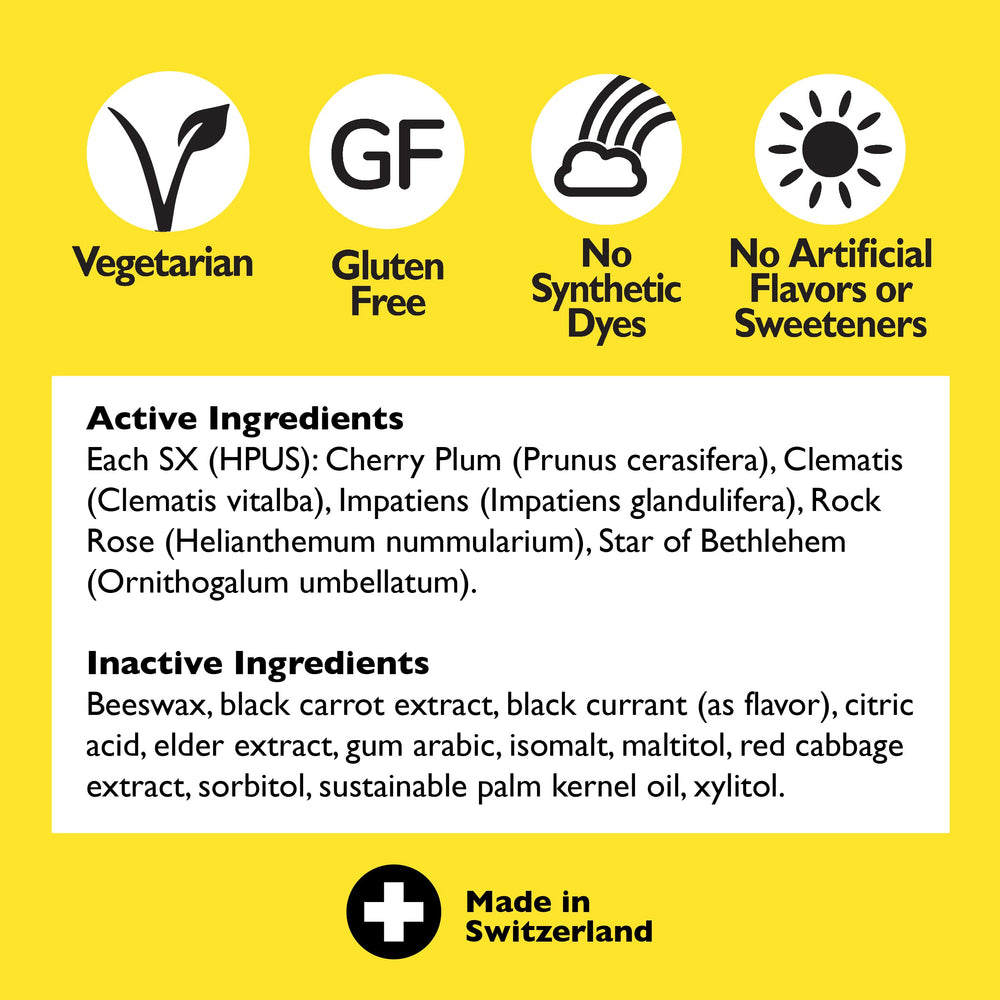 RESCUE tincture bottle with five flower essences illustrating calm potential.