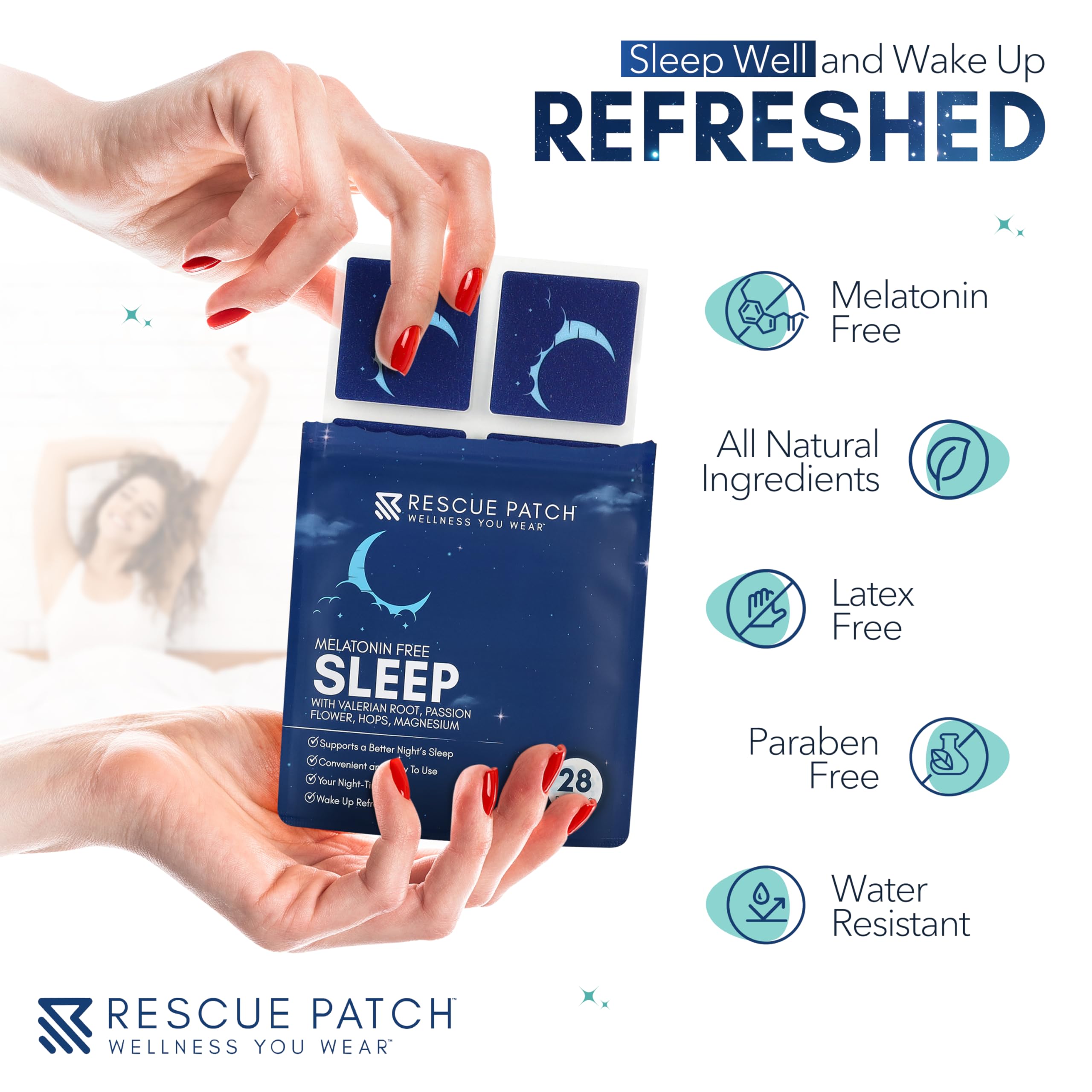 Rescue Patch soft-skin adhesive closeup emphasizes comfortable wear through the night.