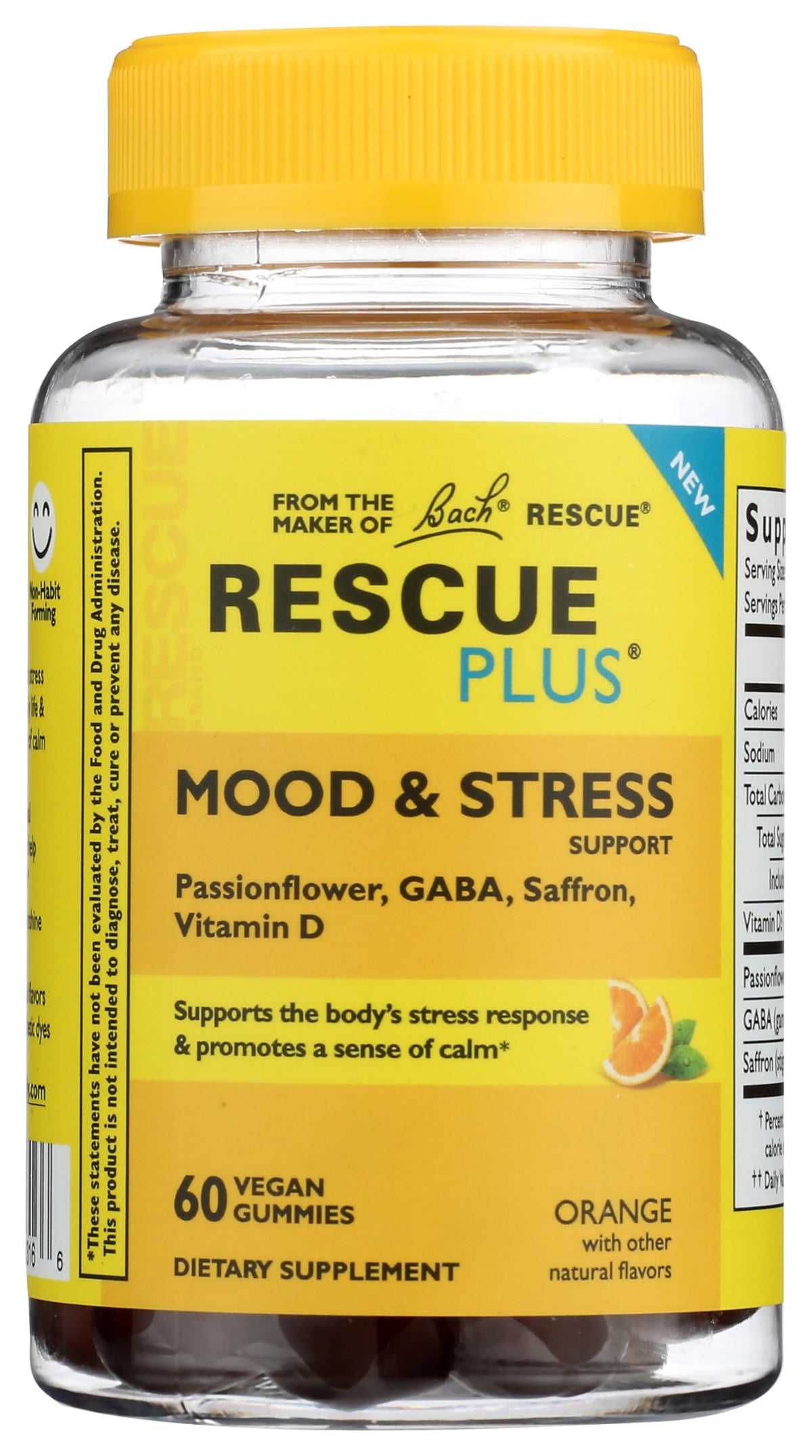 RESCUE PLUS Mood & Stress Gummies bottle close-up highlighting vegan formula and orange flavor.