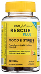 RESCUE PLUS Mood & Stress Gummies bottle close-up highlighting vegan formula and orange flavor.