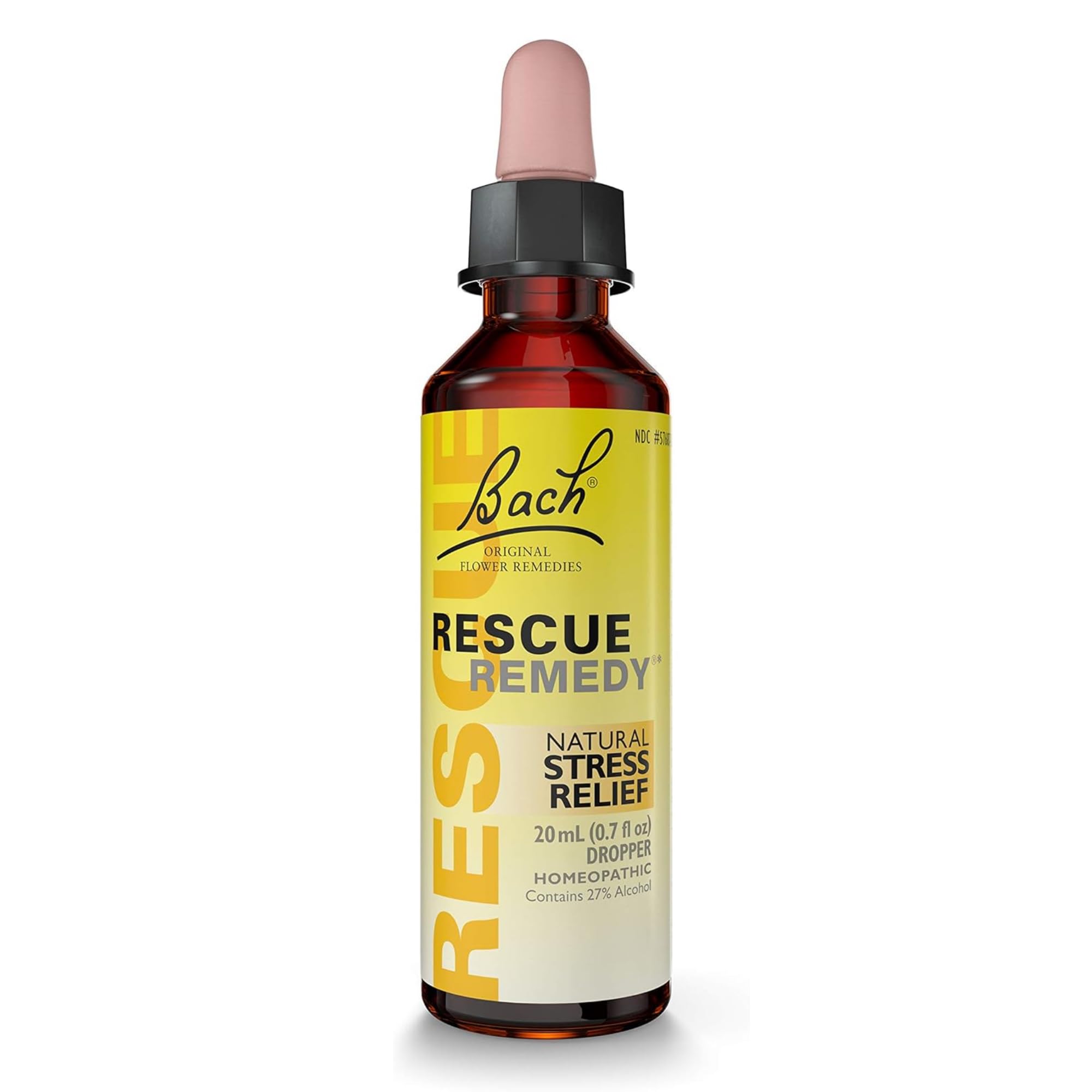 RESCUE REMEDY bottle with yellow dropper for natural stress relief