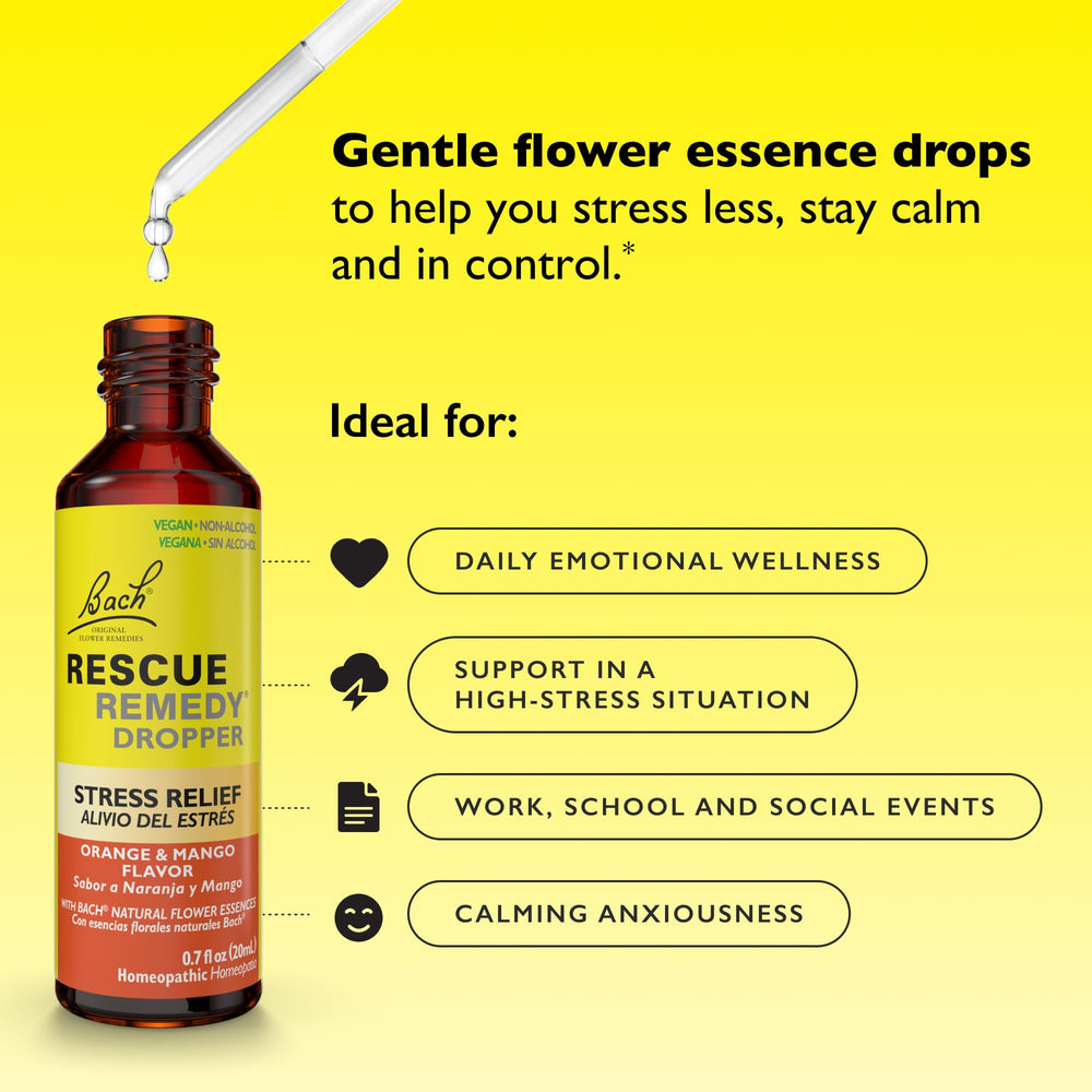 RESCUE Remedy vegan, gentle formula visual signaling non-alcohol, daily use.
