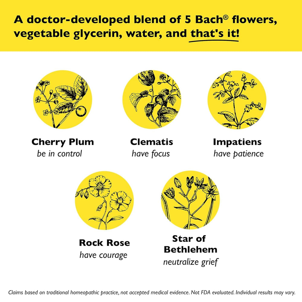 RESCUE Remedy non-alcohol formula bottle highlighted as gentle stress support.