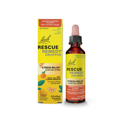 RESCUE Remedy orange mango label highlighting natural flavor and emotional balance support.