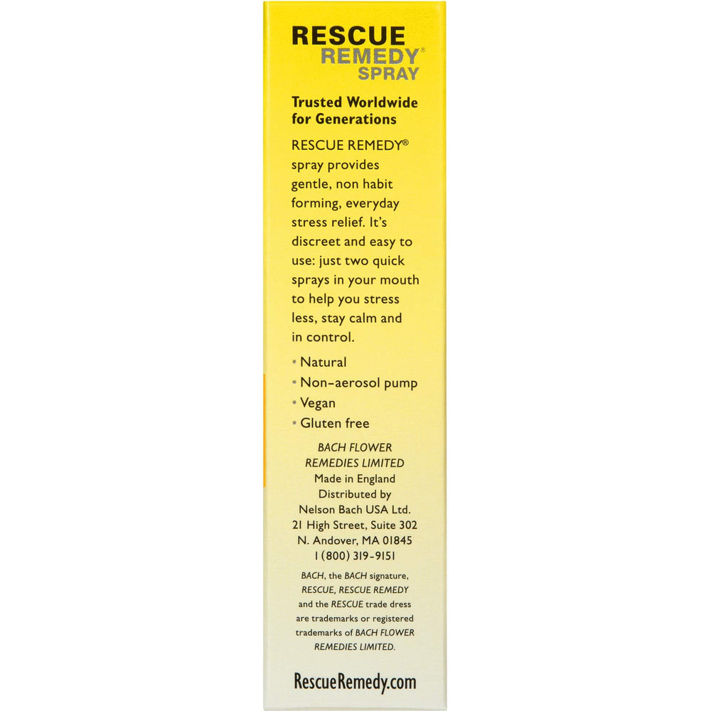 RESCUE Remedy Spray label shows original flower blend and Bach essences.