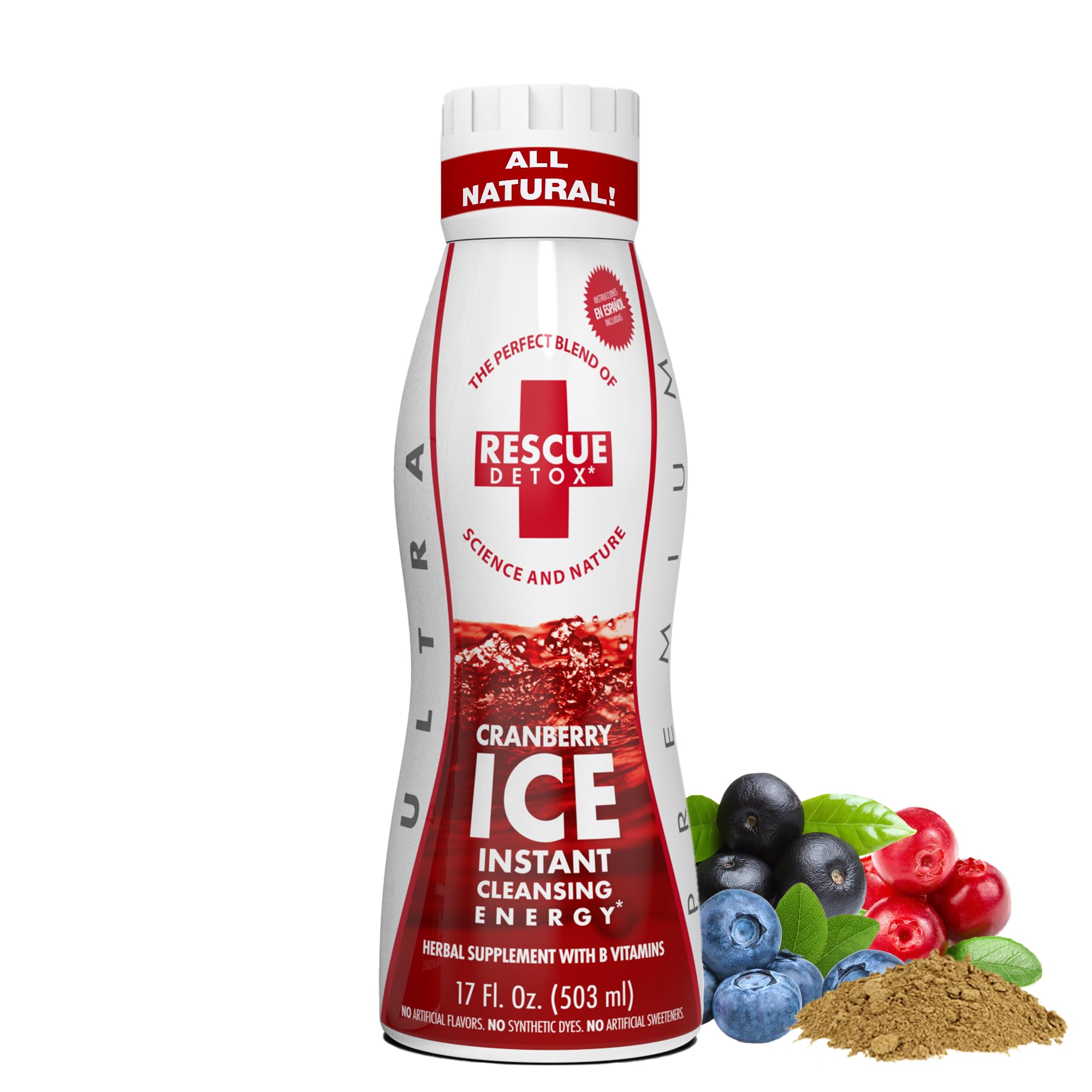 Rescue Detox ICE Cranberry bottle front displays the quick cleanse concept.