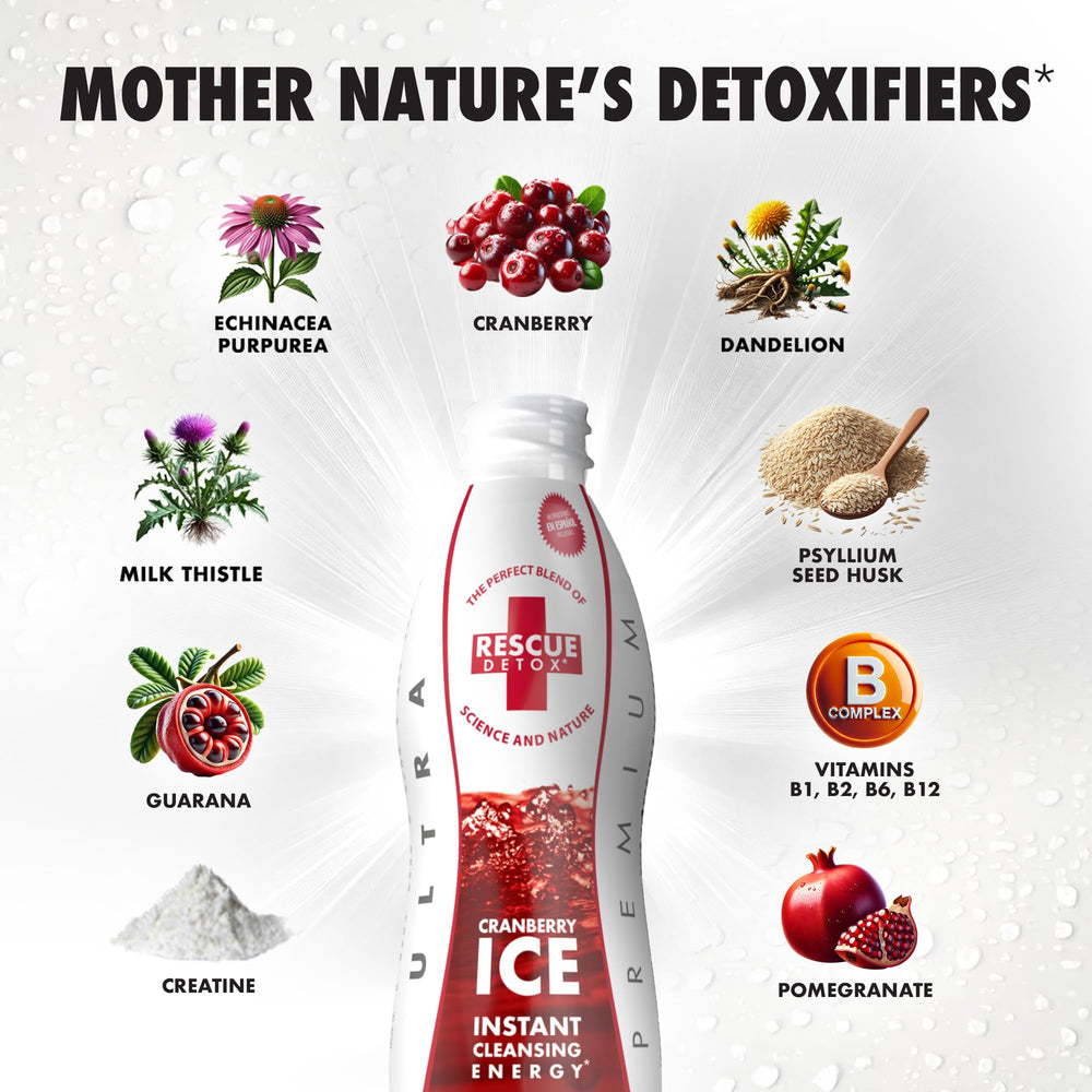 Rescue Detox ICE Cranberry bottle side view highlights compact 17oz size.