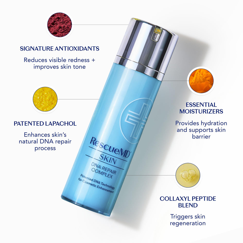 RescueMD DNA Repair Complex applied to skin targets damaged areas for repair support.