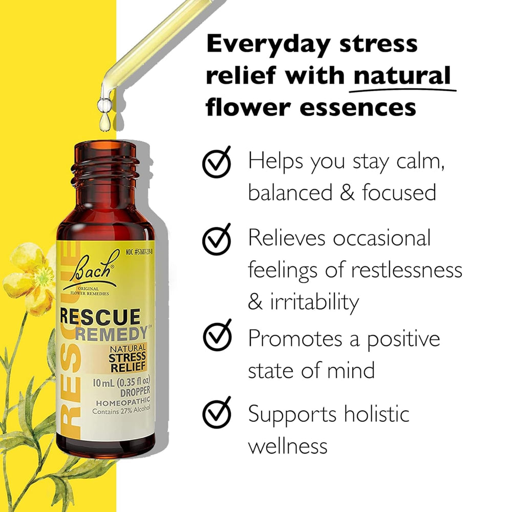 Front-label close-up of RESCUE REMEDY showing trusted stress-relief packaging.
