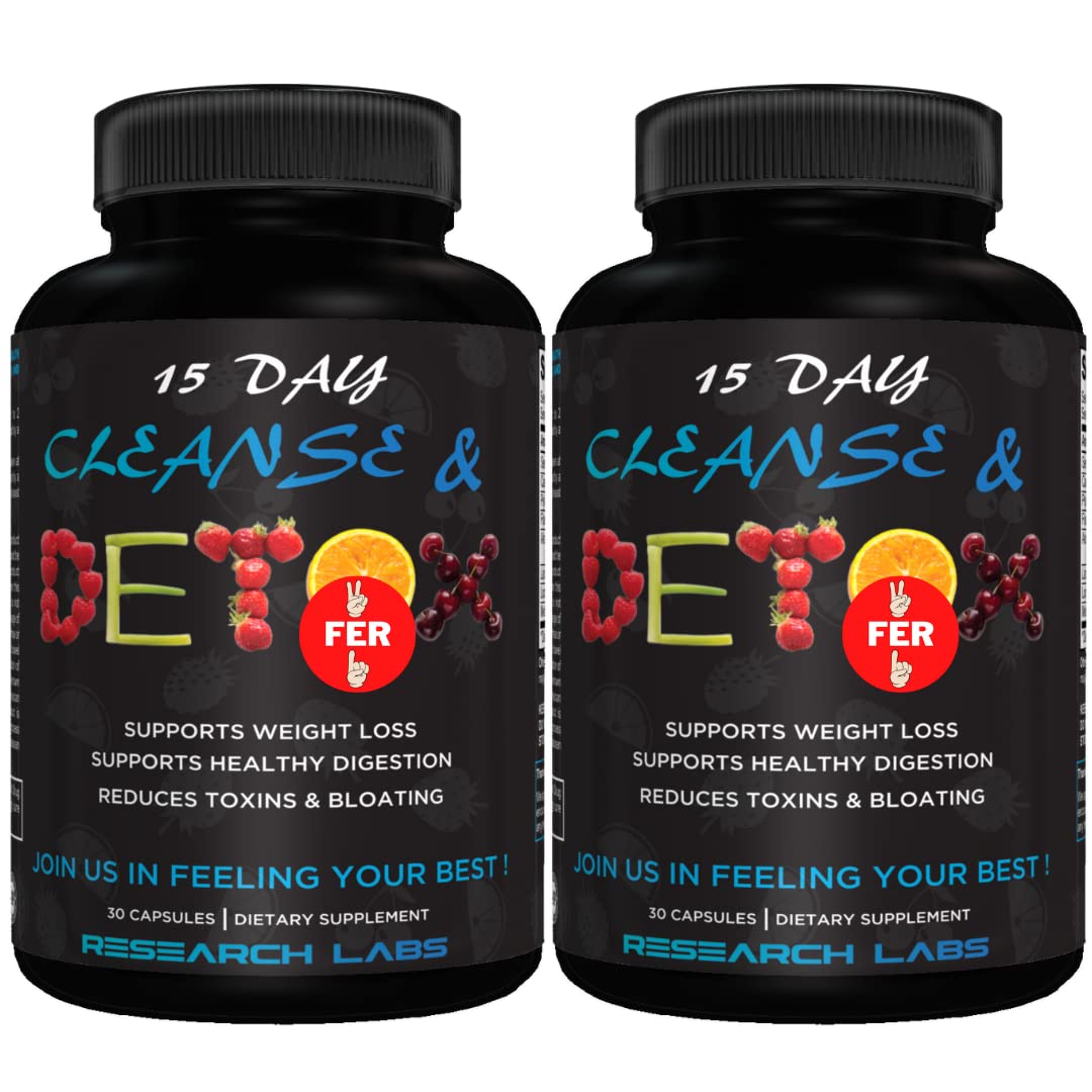 Research Labs 15 Day Colon Cleanse bottle front highlighting digestive support and toxin flush potential.