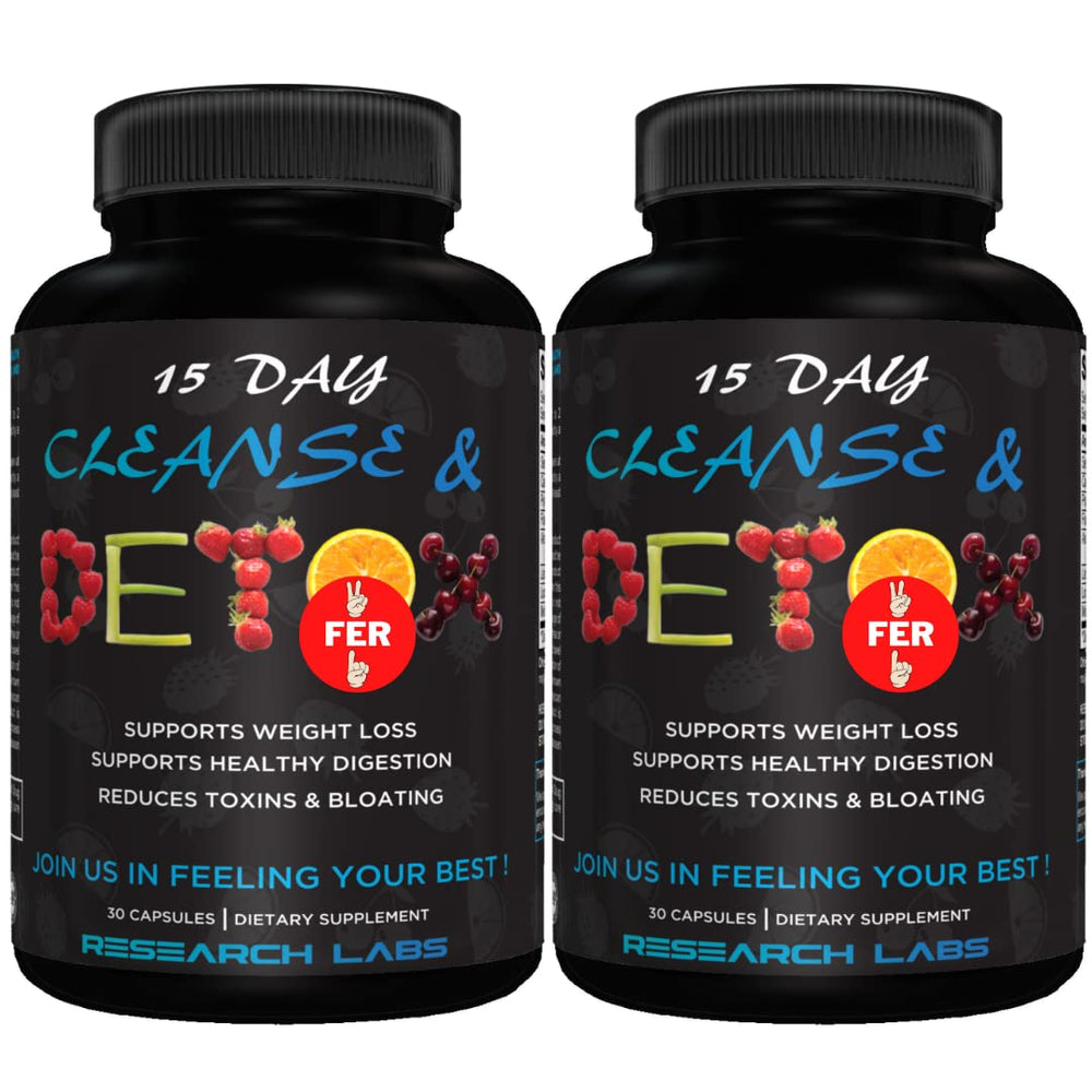 Research Labs 15 Day Colon Cleanse bottle front highlighting digestive support and toxin flush potential.