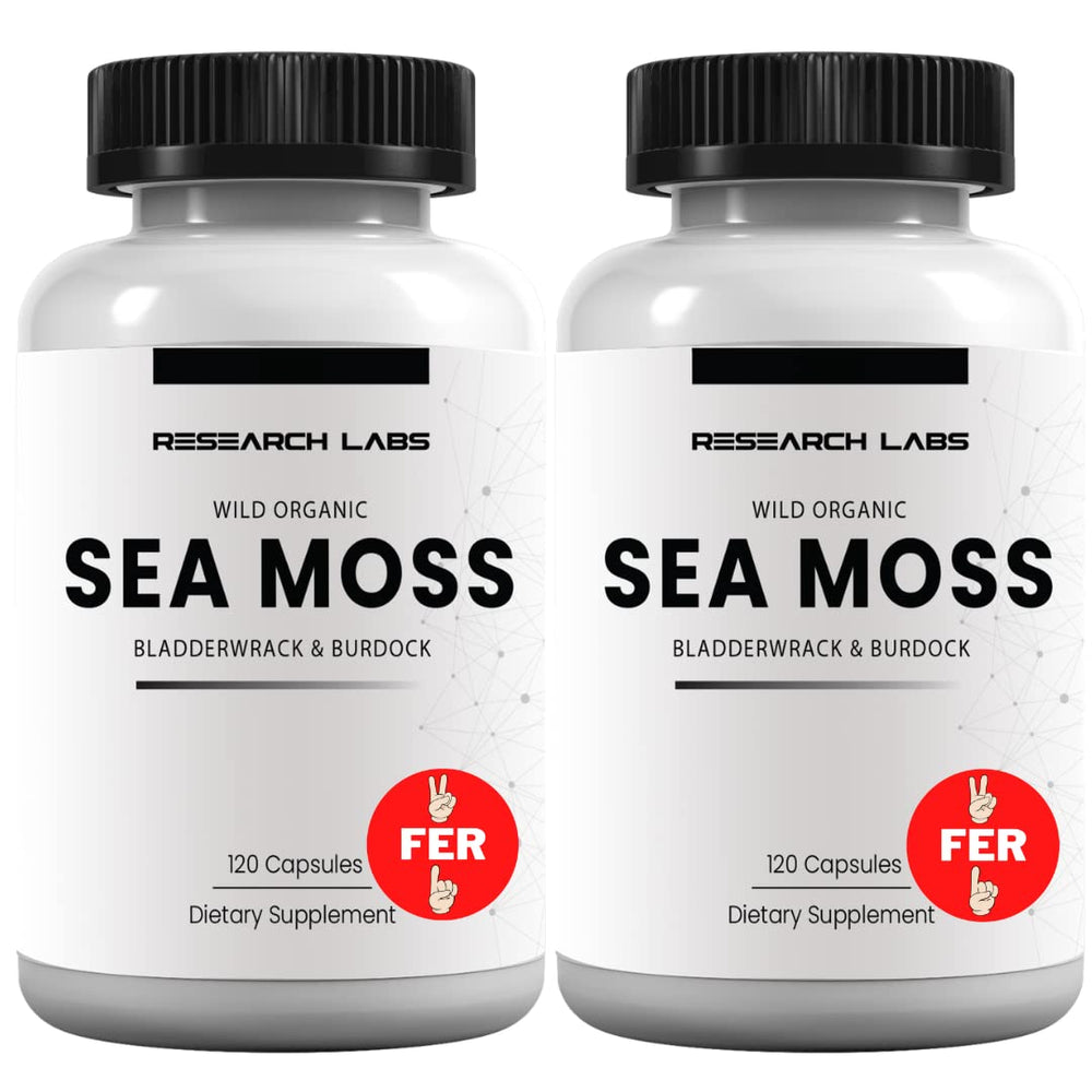 Research Labs 2Fer1Ad sea moss bottle front view, convenient daily antioxidant support.