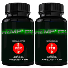 Research Labs hemp capsule bottle promotes daily wellness.