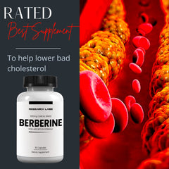 Research Labs berberine bottle closeup emphasizing purity and pharmaceutical-grade quality.